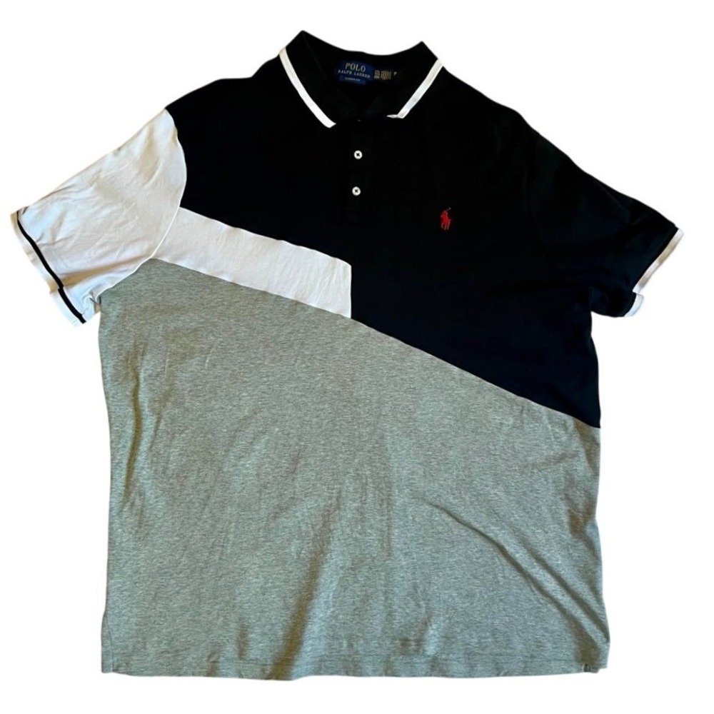 Polo Ralph Lauren XXL Classic Fit Diagonal Colorblock Polo Shirt Black Grey EUC